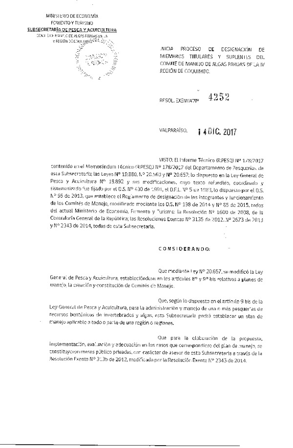 Res. Ex. N° 4252-2017 Inicia Proceso de Designación de Miembros del Comité de Manejo de Algas Pardas de la IV Región de Coquimbo. (Publicado en Página Web 15-12-2017) (F.D.O. 21-12-2017)