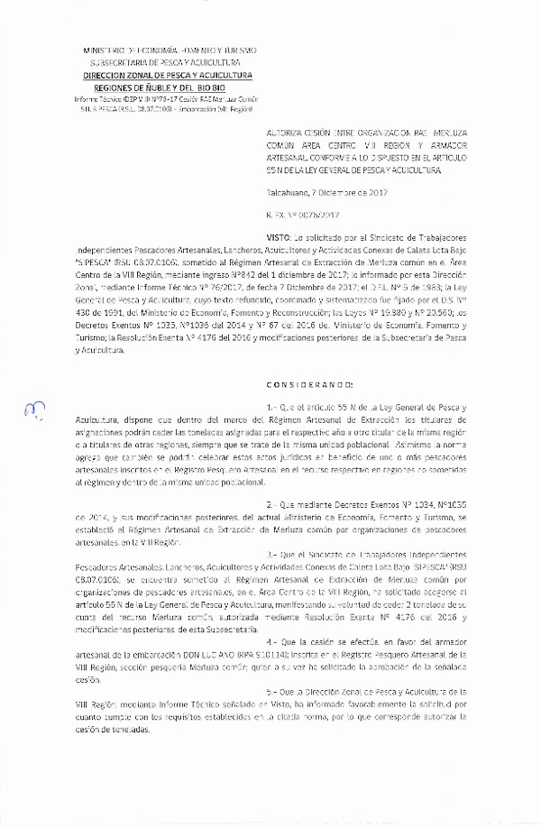 Res. Ex. N° 76-2017 (DZP VIII) Autoriza Cesión Merluza común, VIII Región.