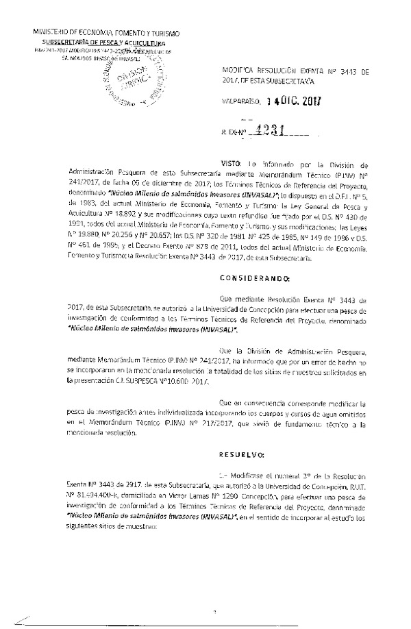 Res. Ex. N° 4231-20174 Modifica Res. Ex. N° 3443-2017 Núcleo milenio de salmónidos invasores.