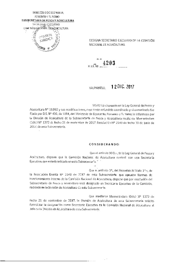 Res. Ex. N° 4203-2017 Designa Secretario ejecutivo de la Comisión Nacional de Acuicultura. (Publicado en Página Web 18-12-2017)