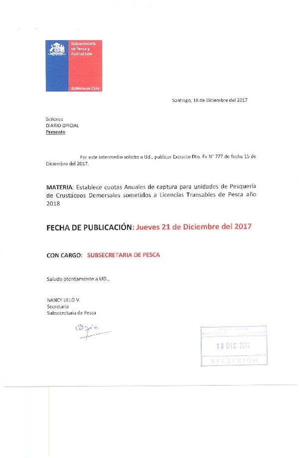 Dec. Ex. N° 777-2017 Establece Cuotas Anuales de Captura Para Unidades de Pesquerías de Crustáceos Demersales Sometidos a Licencias Transables de Pesca, Año 2018. (Publicado en Página Web 19-12-2017) (F.D.O. 21-12-2017)