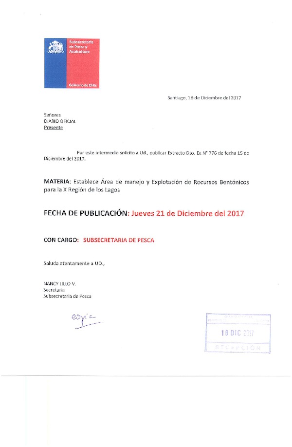 Dec. Ex. N° 776-2017 Establece Área de Manejo Bajo Parrilla, X Región. (Publicado en Página Web 19-12-2017)(F.D.O. 21-12-2017)