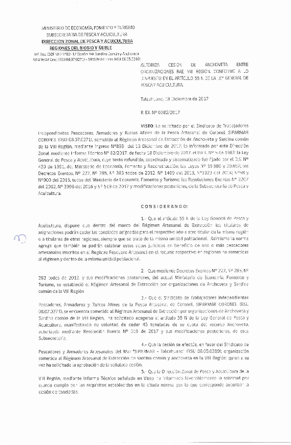 Res. Ex. N° 82-2017 (DZP VIII) Autoriza Cesión Sardina común, VIII Región.