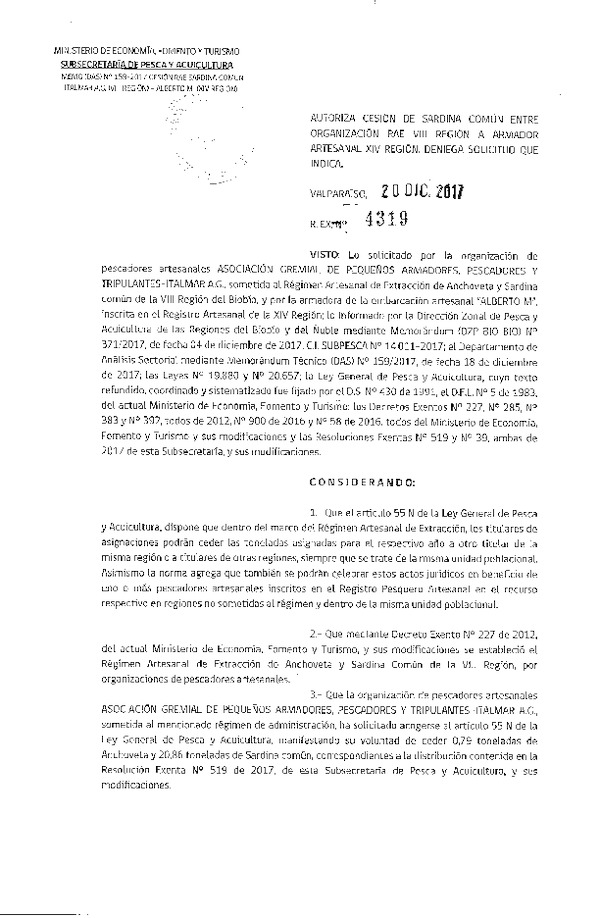 Res. Ex. N° 4319-2017 Autoriza cesión de Sardina común, VIII a XIV Región.