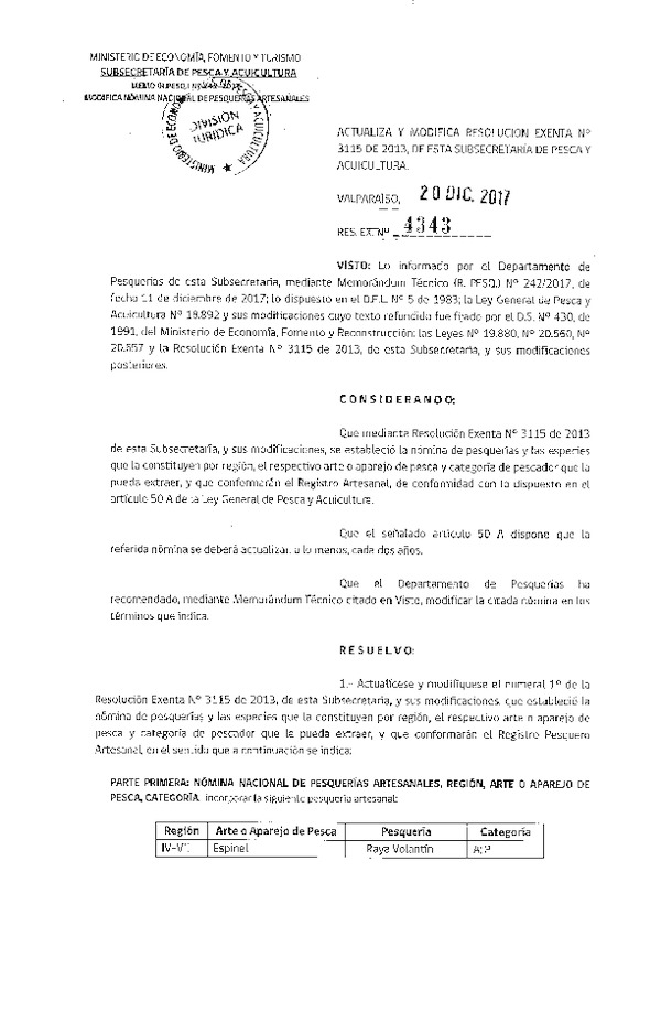 Res. Ex. N° 4343-2017 Actualiza y Modifica Res. Ex. N° 3115-2013 Nómina Nacional de Pesquerías Artesanales. (Publicado en Página Web 21-12-2017)