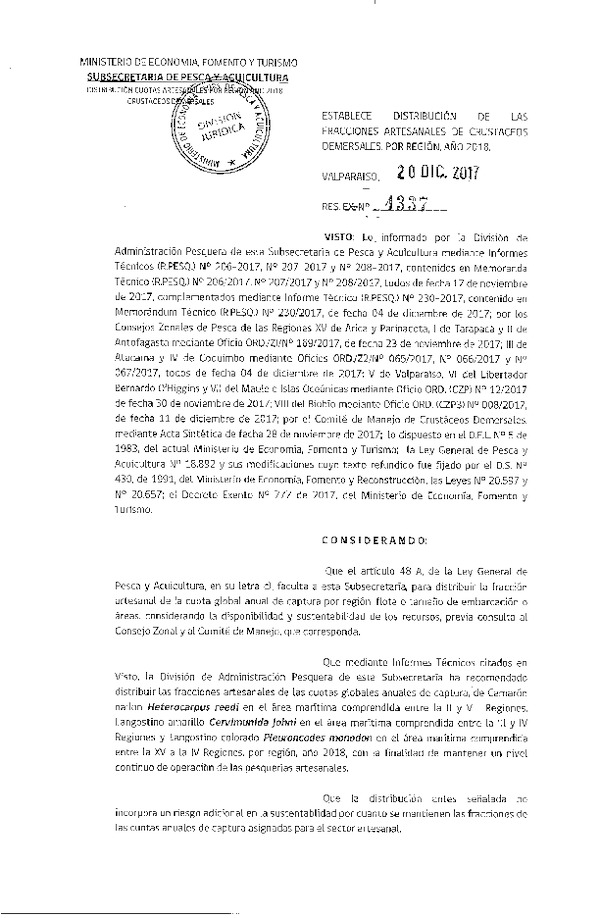 Res. Ex. N° 4337-2017 Establece distribución de las fracciones artesanales de crustáceos demersales por región, año 2018. (Publicado en Página Web 21-12-2017)