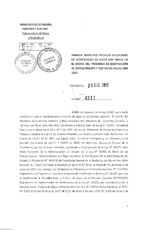 Res. Ex. N° 4311-2017 Aprueba proyectos técnicos ejecutados de certificación de algas que indica.