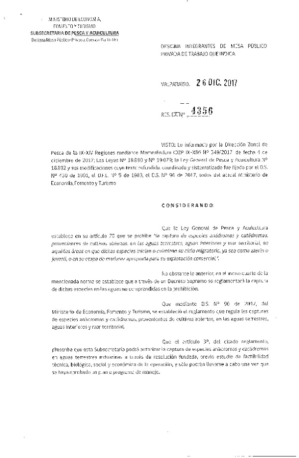 Res. Ex. N° 4356-2017 Designa Integrantes de Mesa Publico Privada de Trabajo que Indica. (Publicado en Página Web 26-12-2017) (F.D.O. 03-01-2018)