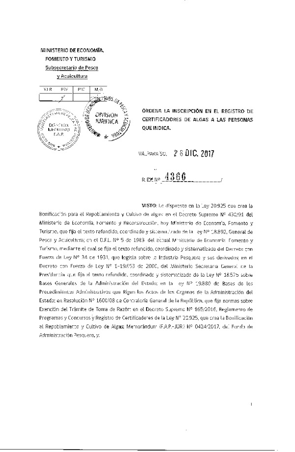 Res. Ex. N° 4366-2017 Ordena la inscripción en el registro de certificadores de algas a las personas que indica.