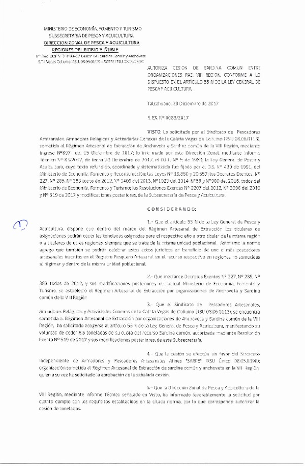 Res. Ex. N° 83-2017 (DZP VIII) Autoriza Cesión Sardina común, VIII Región.