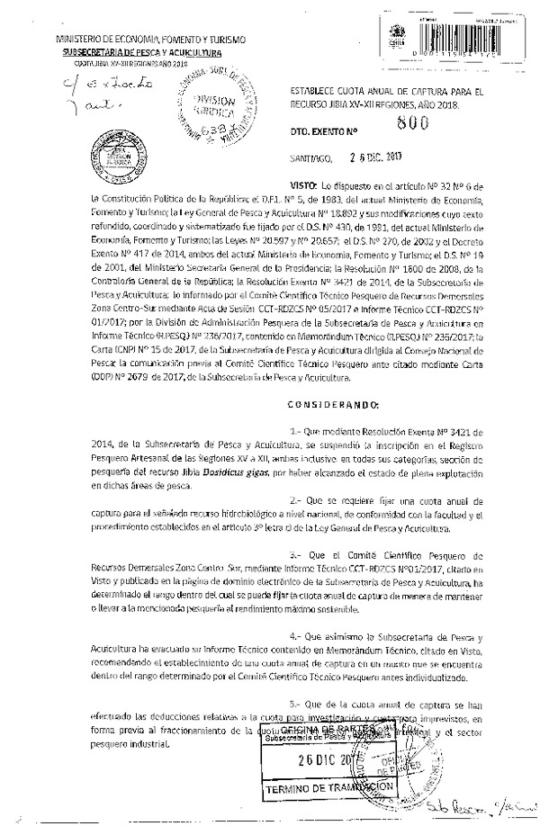 Dec. Ex. N° 800-2017 Establece Cuota Anual de Captura para el Recursos Jibia XV-XII Regiones Año 2018. (Publicado en Página Web 27-12-2017) (F.D.O. 30-12-2017)