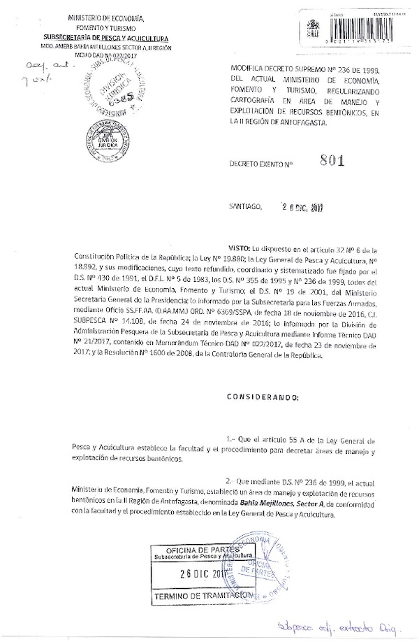 Dec. Ex. N° 801-2017 Modifica D.S. N° 236-1999, Regularizando Cartografía, Bahía Mejillones Sector A, II Región. (Publicado en Página Web 27-12-2017) (F.D.O. 30-12-2017)