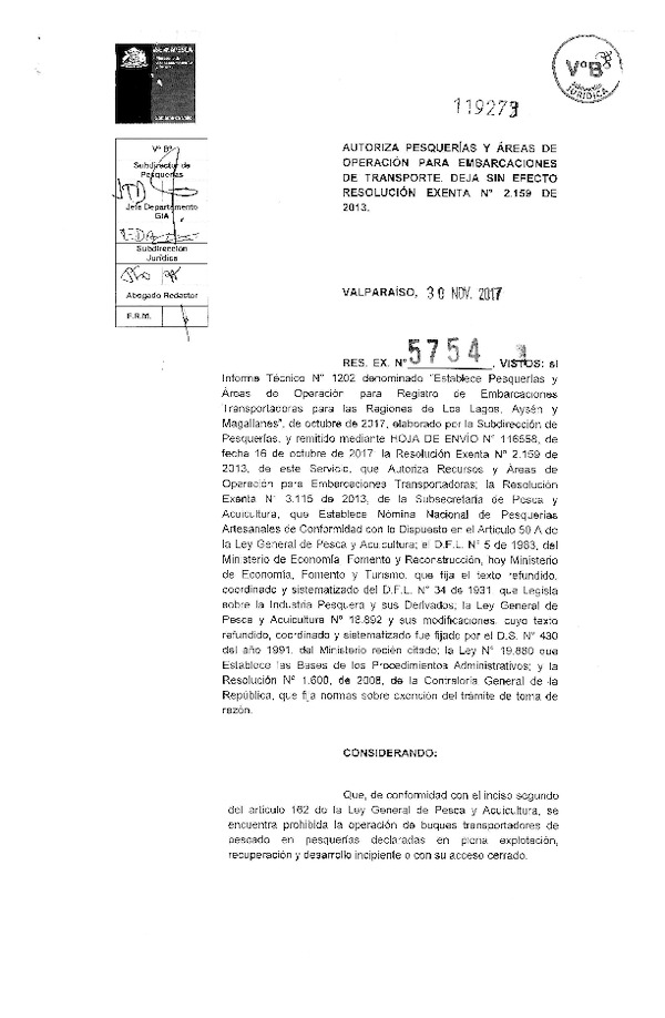 Res. Ex. N° 5754-2017 (Sernapesca) Autoriza pesquerías y áreas de operación para embarcaciones de transporte. Deja sin efecto Res. Ex. N° 2159-2013. (Publicado en Página Web 28-12-2017)