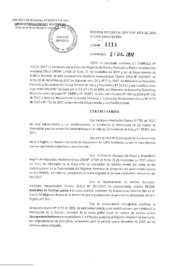 Res. Ex. N° 4414-2017 Modifica Res. Ex. N° 4173-2016 Distribución de la Fracción Artesanal Pesquería de Anchoveta, Sardina Común y jurel, V Región, Año 2017. (Publicado en Página Web 28-12-2017)