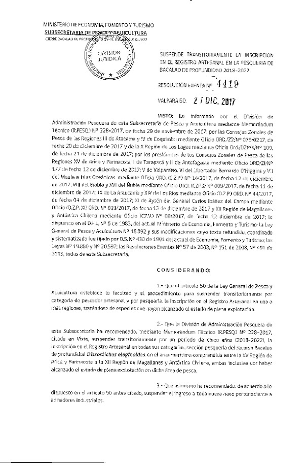 Res. Ex. Nº 4419-2017 Suspende Transitoriamente inscripción en el Registro Artesanal, Bacalao de Profundidad, XV-XII Región. (Publicado en Página Web 28-12-2017)