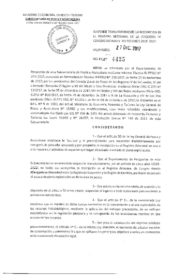 Res. Ex. Nº 4425-2017 Suspende Transitoriamente inscripción en el Registro Artesanal, Congrio Dorado, V-XIV Región. (Publicado en Página Web 28-12-2017) (F.D.O. 05-01-2018)