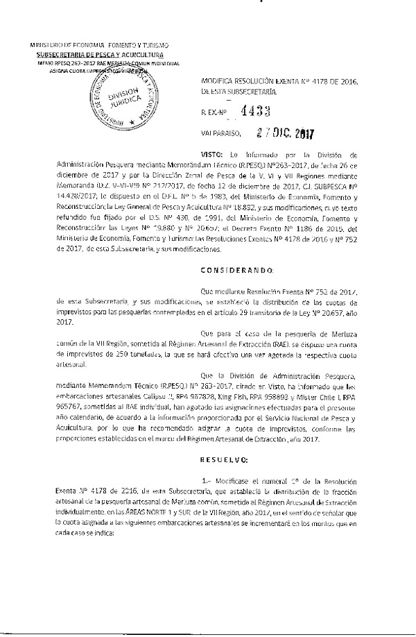 Res. Ex. N° 4433-2017 Modifica Res. Ex. N° 4178-2016 Distribución de la Fracción Artesanal de la Pesquería de Merluza Común Individual en la VI-VII Regiones, Año 2017. (Publicado en Página Web 28-12-2017) (F.D.O. 05-01-2018)