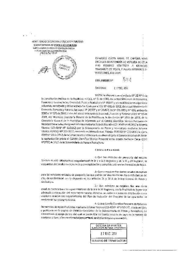 Dec. Ex. N° 804-2017 Establece Cuota Anual de Captura Recurso Merluza de Cola V-XII Regiones, Sometidas a Licencias Transables de Pesca y Aguas Interiores X-XII Regiones, 2018. (Publicado en Página Web 29-12-2017) (F.D.O 08-01-2018)