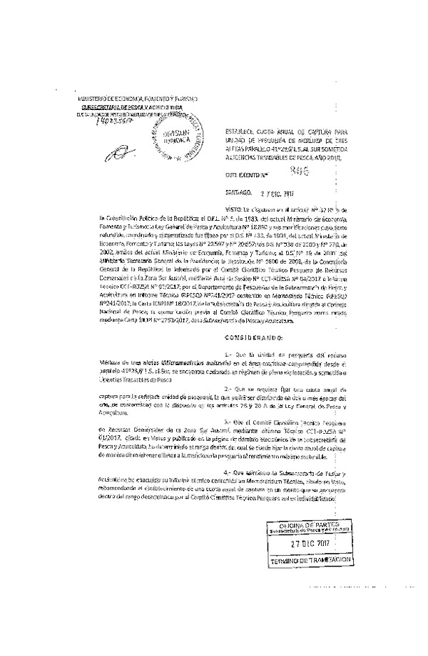 Dec. Ex. N° 805-2017 Establece Cuota Anual de Captura para Unidad de Pesquería de Merluza de Tres Aletas Paralelo 41°28,6' L.S. al Sur, Sometida a LTP, Año 2018. (Publicado en Página Web 29-12-2017) (F.D.O 08-01-2018)