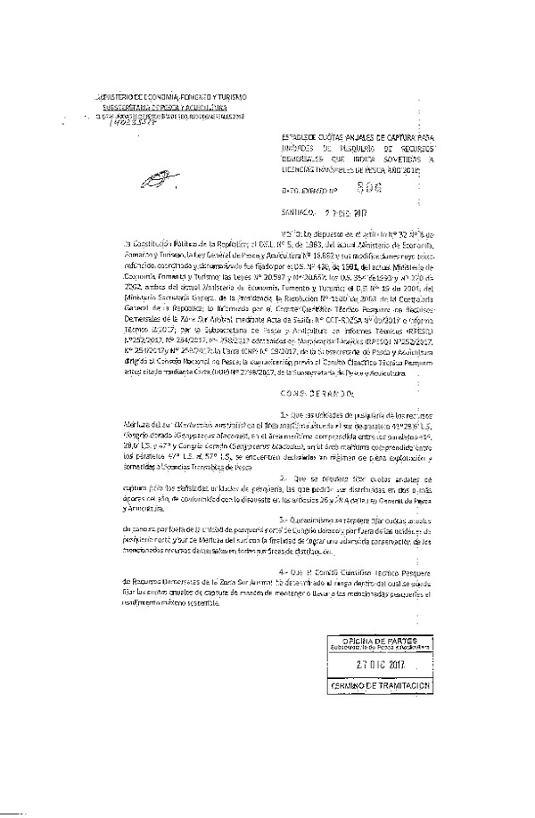 Dec. Ex. N° 806-2017 Establece Cuotas Anuales de Captura de Unidades de Pesquería de Recursos Demersales, Merluza del sur, y Congrio dorado, Sometidas a Licencias Transables de Pesca, Año 2018. (Publicado en Página Web 29-12-2017) (F.D.O 08-01-2018)