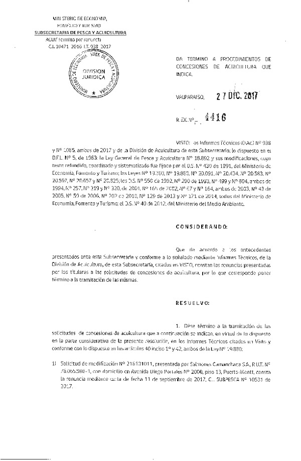 Res. Ex. N° 4416-2017 Da termino a procedimiento de concesiones de acuicultura que indica.