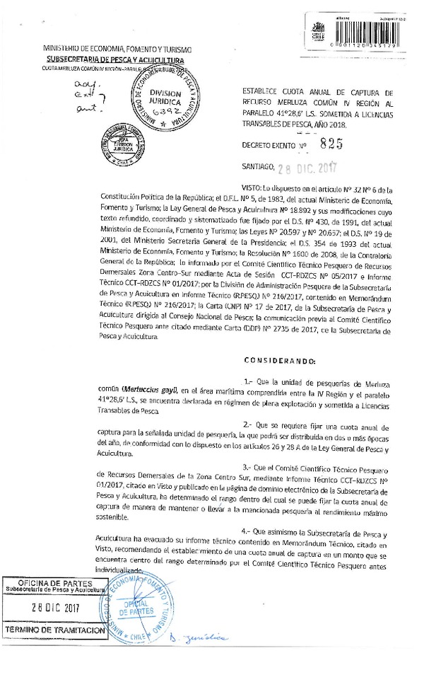 Dec. Ex. N° 825-2017 Establece Cuota Anual de Captura de recurso Merluza Común IV - 41°28,6' L.S., Año 2017. (Publicado en Página Web 29-12-2017) (F.D.O 08-01-2018)