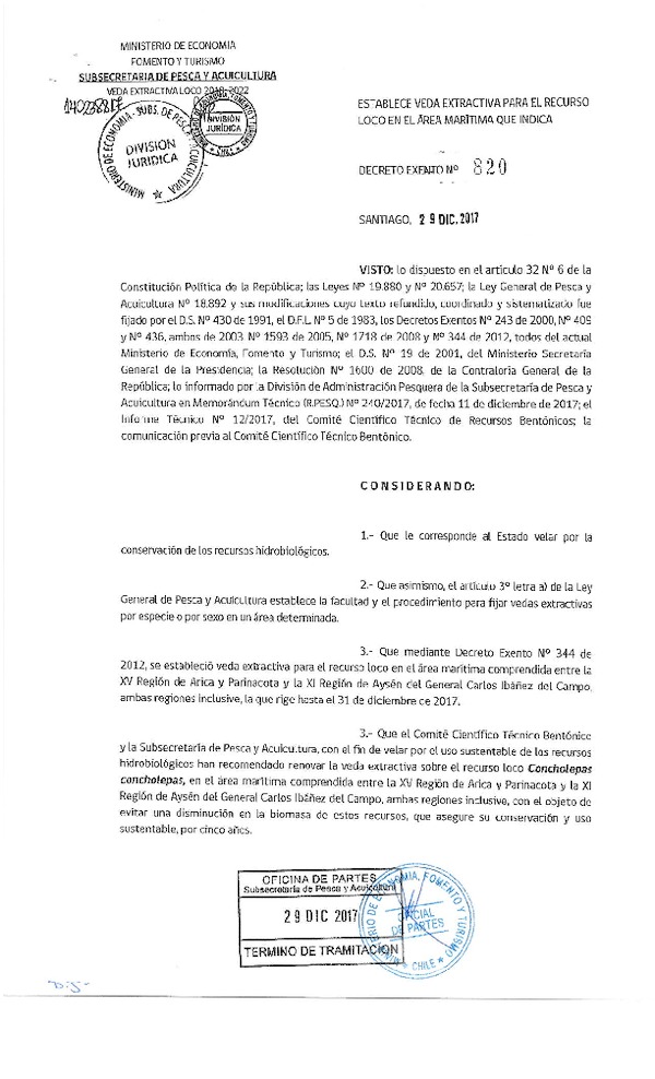 Dec. Ex. N° 820-2017 Establece Establece Veda Extractiva Recurso loco, XV-XI. (Publicado en Página Web 29-12-2017) (F.D.O 08-01-2018)