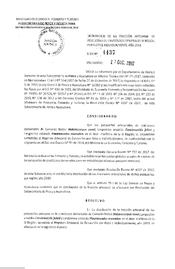 Res. Ex. N° 4437-2017 Distribución de la Fracción Artesanal de Pesquerías de Crustáceos Demersales IV Región por Flota e Individualmente, año 2018. (Publicado en Página Web 29-12-2017) (F.D.O 08-01-2018)