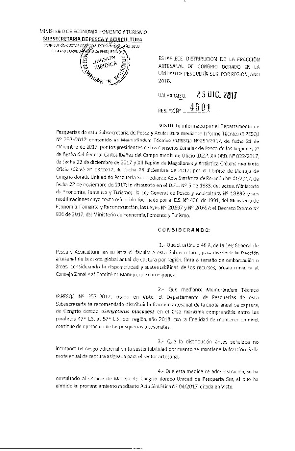 Res. Ex. N° 4501-2017 Establece distribución de la fracción artesanal de congrio dorado en la unidad de pesquería sur, por región, año 2018. (Publicado en Página Web 29-12-2017) (F.D.O 08-01-2018)