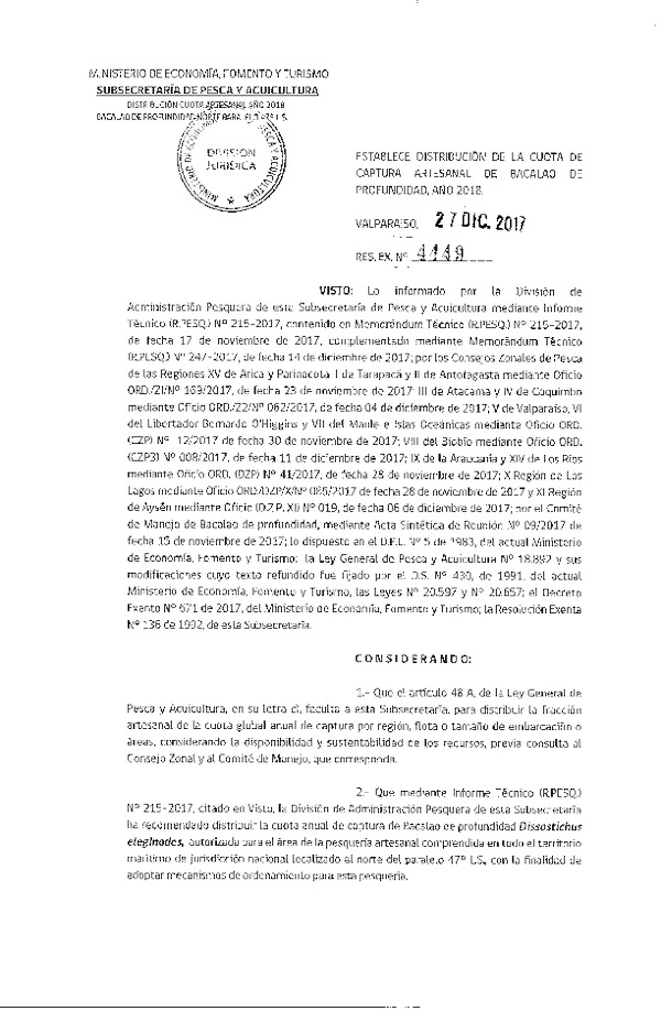 Res. Ex. N° 4449-2017 Establece Distribución de la cuota de captura artesanal de Bacalao de Profundidad, V-XI Región, año 2018. (Publicado en Diario Oficial 29-12-2017) (F.D.O 08-01-2018)