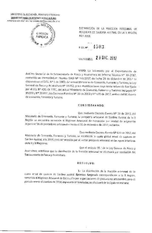 Res. Ex. N° 4503-2017 Distribución de la fracción artesanal sardina austral, X Región, año 2018. (Publicado en Diario Oficial 29-12-2017) (F.D.O 08-01-2018)