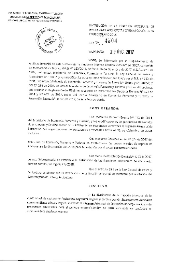 Res. Ex. N° 4504-2017 Distribución de la fracción artesanal anchoveta y sardina común, XIV Región, año 2018. (Publicado en Diario Oficial 29-12-2017) (F.D.O 08-01-2018)