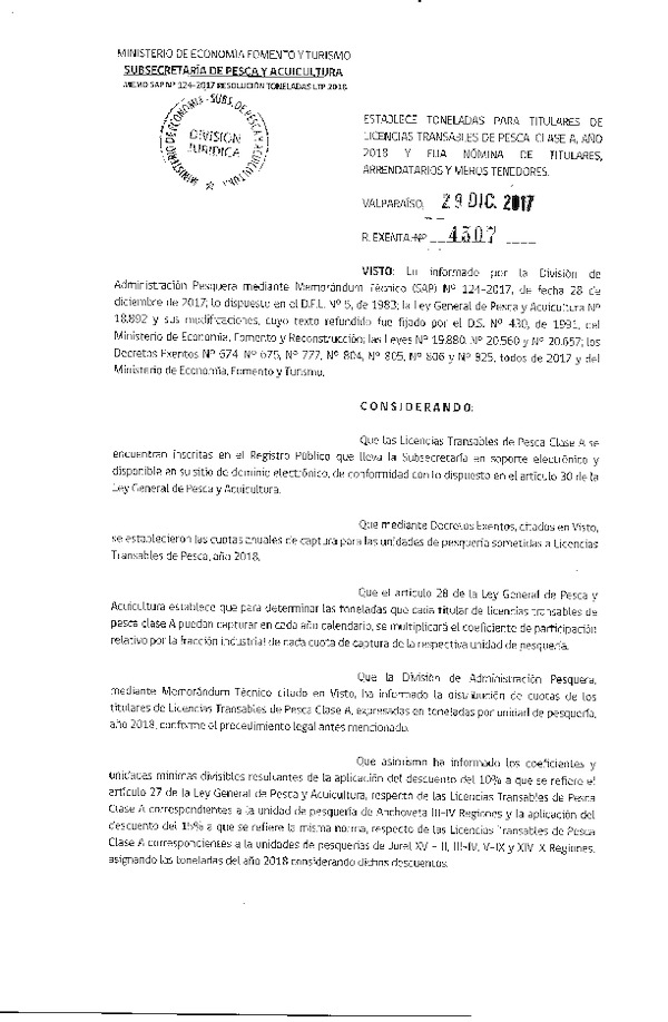 Res. Ex. N° 4507-2017 Establece Toneladas para Titulares de Licencias Transables de Pesca, Clase A, Año 2018. Fija Nómina de Titulares, Arrendatarios y Meros Tenedores. (Publicado en Página Web 29-12-2017) (F.D.O 08-01-2018)