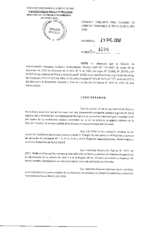 Res. Ex. N° 4508-2017 Establece Toneladas para Titulares de Licencias Transables de Pesca, Clase B, Año 2018. (Publicado en Página Web 29-12-2017) (F.D.O 08-01-2018)