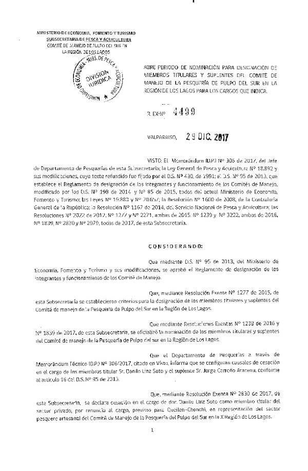 Res. Ex. N° 4499-2017 Oficializa Nominación de Miembros Titulares y Suplentes del Comité de Manejo de la Pesquería de Pulpo del Sur, X Región de Los Lagos. (Publicado en Página Web 02-01-2018) (F.D.O. 09-01-2018)