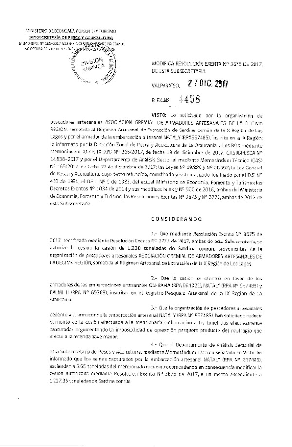 Res. Ex. N° 4458-2017 Modifica Res. Ex. N° 3675-2017 Autoriza Cesión Sardina común, X Región.