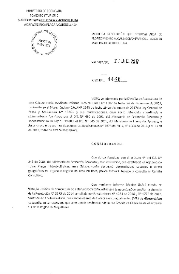 Res. Ex. N° 4446-2017 Modifica Res. Ex. N° 3575-2014 Renueva Área de Florecimiento Algal Nocivo (FAN) en Sector que Indica. (Publicado en Página Web 29-12-2017) (F.D.O 08-01-2018)