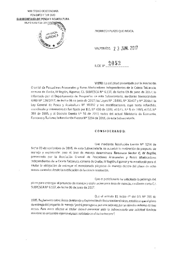 Res. Ex. N° 2052-2017 Prorroga Plan de Manejo.