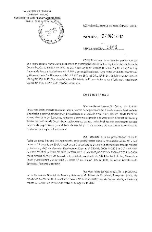 Res. Ex. N° 4462-2017 Rechaza Recurso de Reposición.