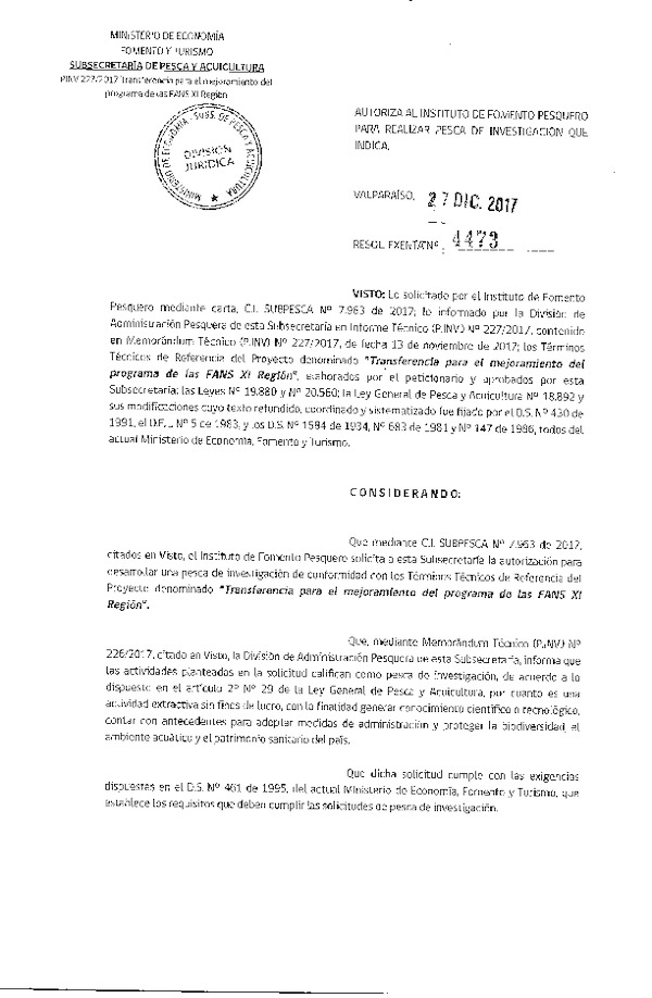 Res. Ex. N° 4473-2017 Transferencia para le mejoramiento del programa de las FANS, XI Región.