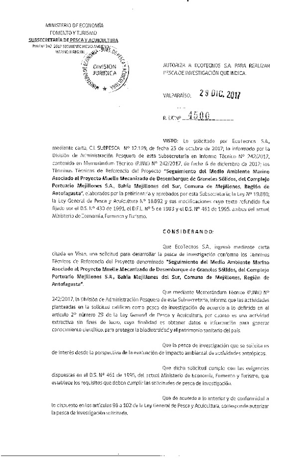 Res. Ex. N° 4500-2017 Seguimiento medio ambiente marino, II Región.