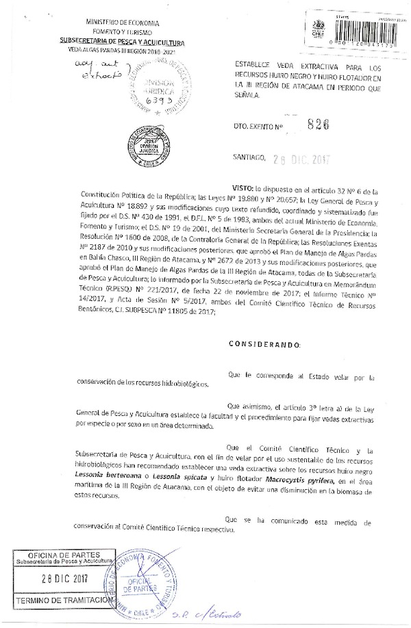 Dec. Ex. N° 826-2017 establece Veda Extractiva Recursos Huiro Negro y Huiro Flotador, III Región. (Publicado en Página Web 03-01-2018) (F.D.O 08-01-2018)