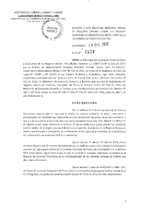 Res. Ex. N° 4521-2017 Autoriza cesión de Sardina común, VIII Región.