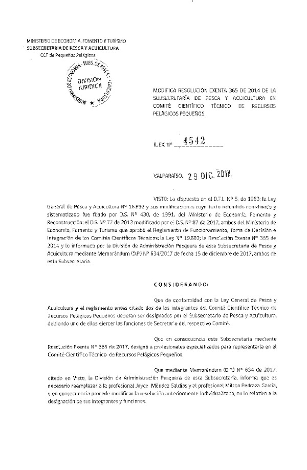 Res. Ex. N° 4542-2017 Modifica Res. Ex. N° 365-2014 Comité Científico Técnico Recursos Pelágicos Pequeños. (Publicado en Página Web 03-01-2018)