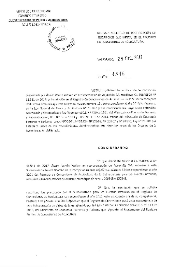Res. Ex. N° 4548-2017 Rechaza solicitud de rectificación de inscripción qie indica, en el registro de concesiones de acuicultura.