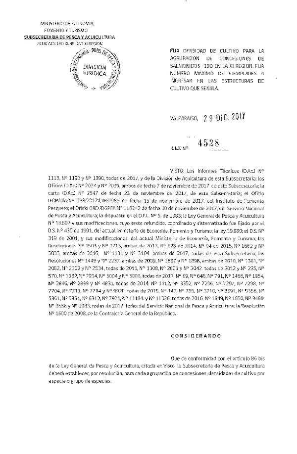 Res. Ex. N° 4528-2017 Fija Densidad de Cultivo para la Agrupación de Concesiones de Salmónidos 18D en la XI Región. (Con Informe Técnico) (Publicado en Página Web 04-01-2018) (F.D.O. 11-01-2018)