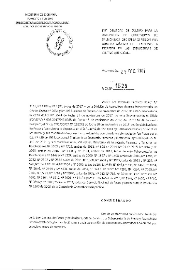 Res. Ex. N° 4529-2017 Fija Densidad de Cultivo para la Agrupación de Concesiones de Salmónidos 23C en la XI Región. (Con Informe Técnico) (Publicado en Página Web 04-01-2018) (F.D.O. 11-01-2018)