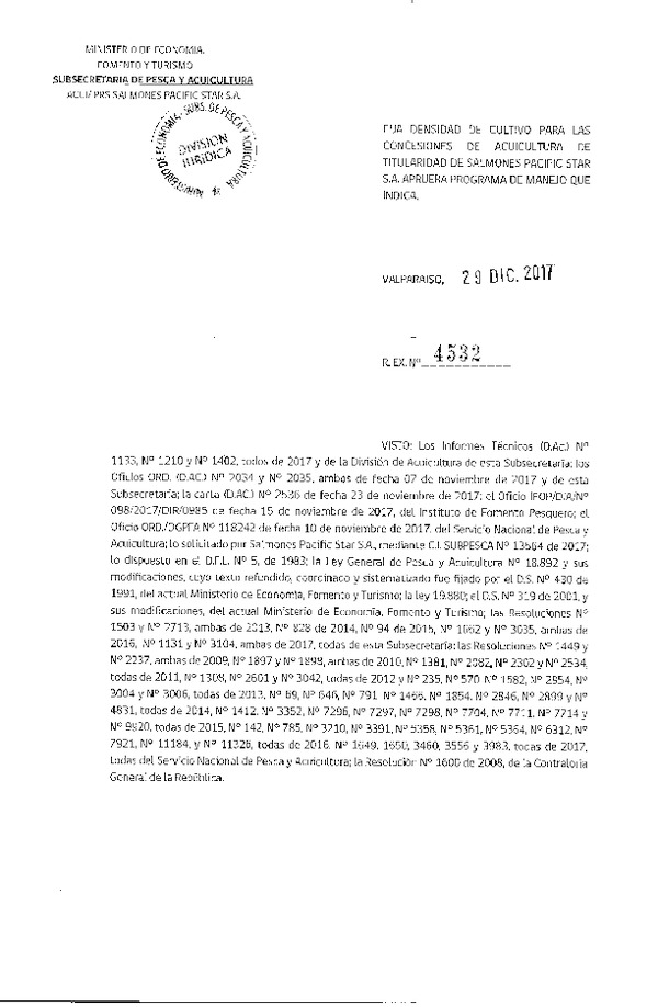 Res. Ex. N° 4532-2017 Fija Densidad de Cultivo para las Concesiones de Acuicultura que Indica. (Con Informe Técnico) (Publicado en Página Web 04-01-2018)