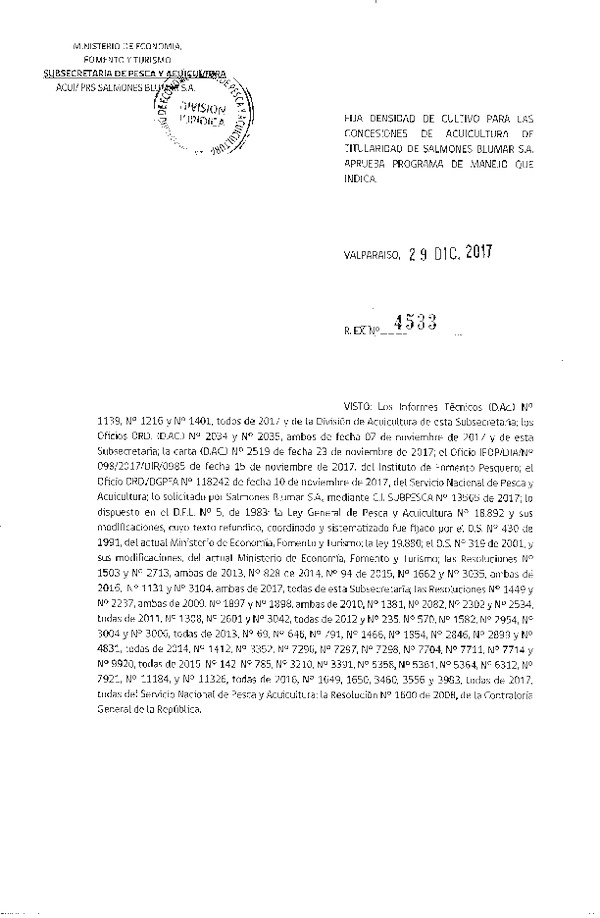 Res. Ex. N° 4533-2017 Fija Densidad de Cultivo para las Concesiones de Acuicultura que Indica. (Con Informe Técnico) (Publicado en Página Web 04-01-2018)