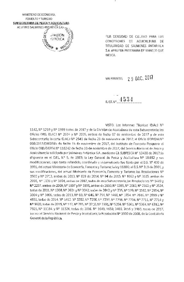 Res. Ex. N° 4534-2017 Fija Densidad de Cultivo para las Concesiones de Acuicultura que Indica. (Con Informe Técnico) (Publicado en Página Web 04-01-2018)